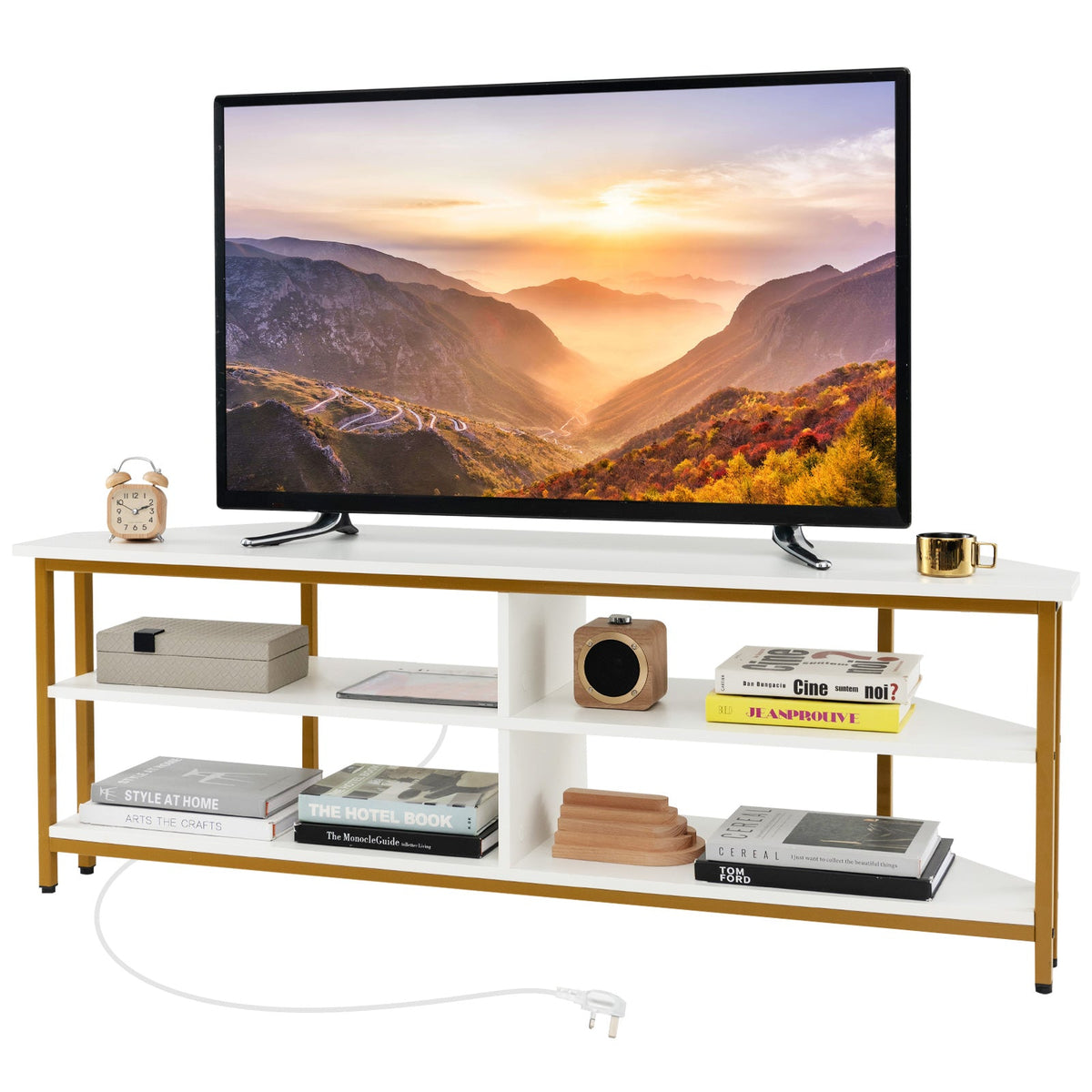 Corner TV Stand with AC Outlets and Storage Shelves-Black