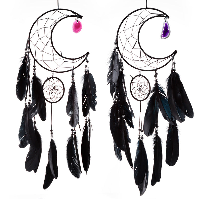 Black Sickle Crescent Moon Dreamcatcher with Agate Charm