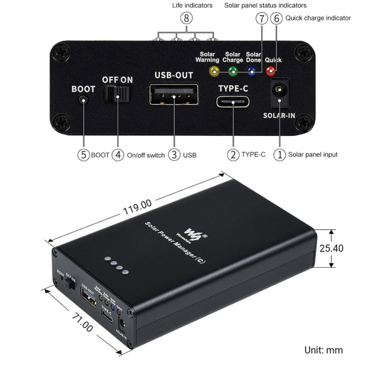 Solar Power Manager with MPPT | USB-C & Solar Input | 5V 3A Output
