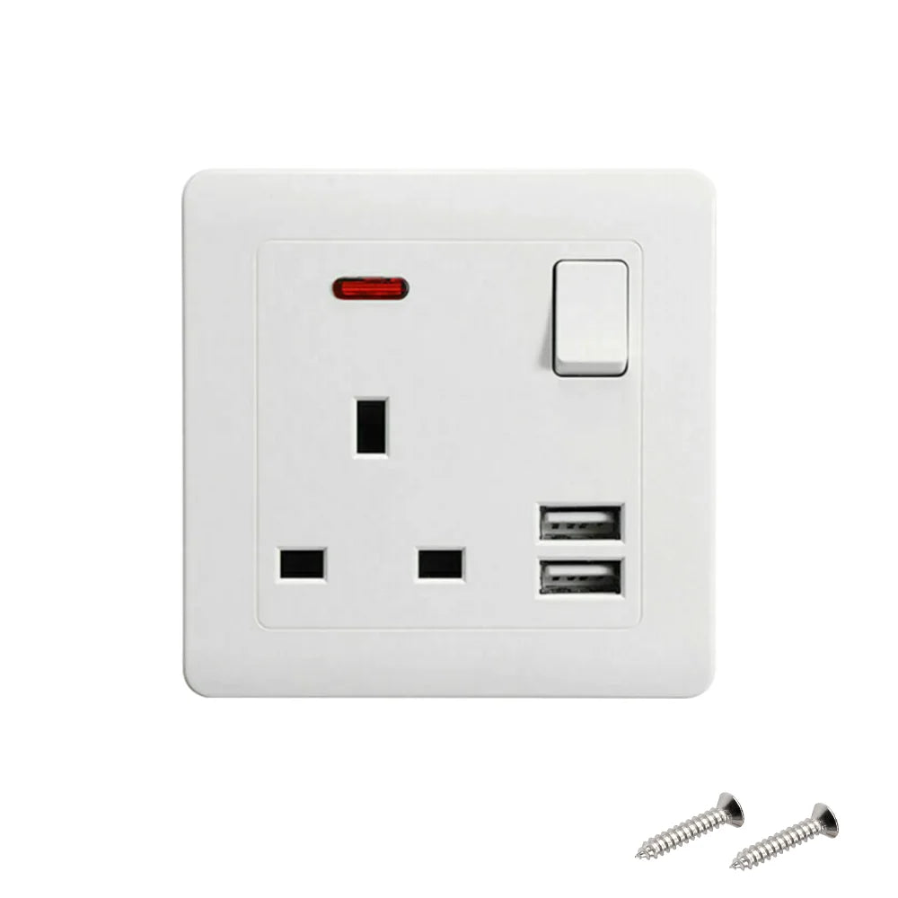 Dual Wall Socket with 2 USB Ports Flat Plate Power Outlet 2 Gang 13A White Black