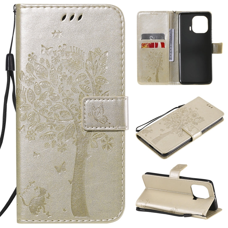 Schutzhülle aus PU-Leder mit Baum- und Katzenmuster, gepresstem Aufdruck, horizontal aufklappbar, mit Ständer, Kartenfächern, Brieftasche und Umhängeband, für Xiaomi Mi 11 Lite 5G, für Xiaomi Mi 11 Pro