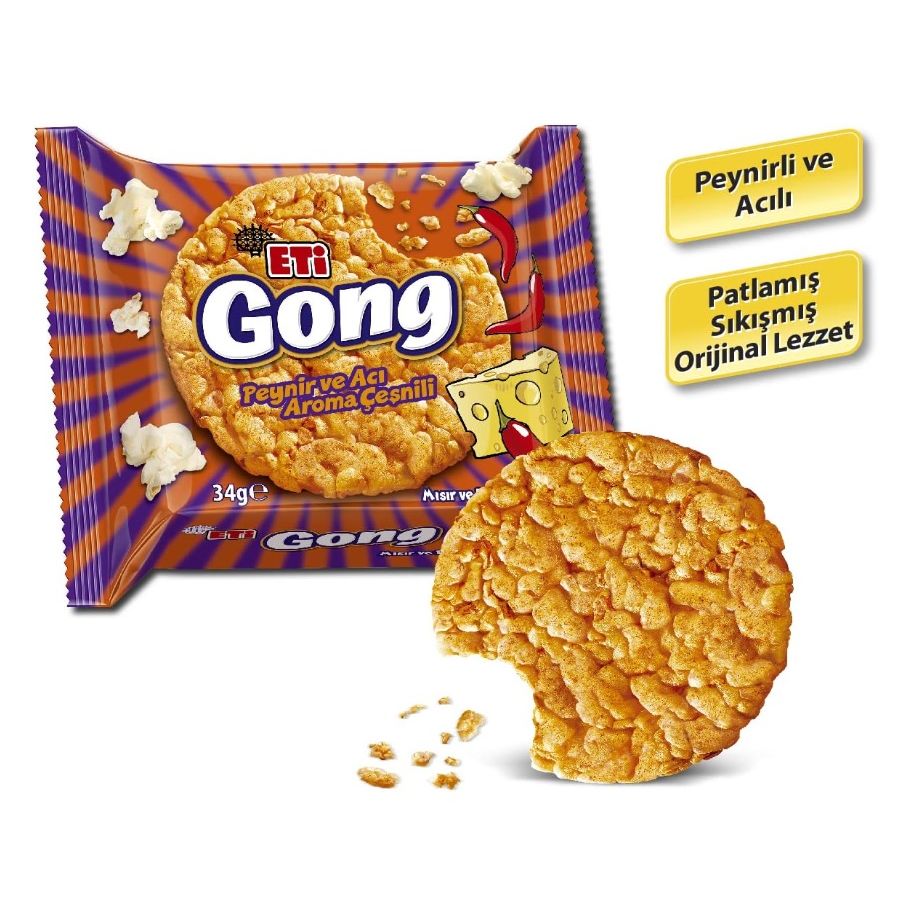 Eti Gong Corn and Rice Cake Tasty with Cheese and Spicy Flavor (Peynir ve Aci Aroma Cesnili Misir ve Pirinc Patlagi) 34 Grams