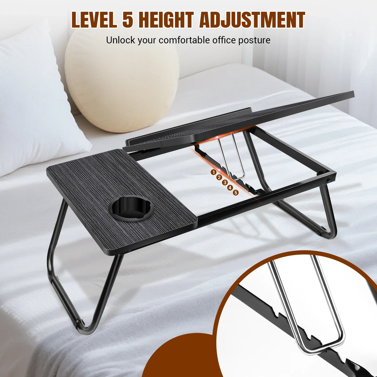 Foldable Laptop Bed Table Desk with Cup Holder & Device Stand Black Portable