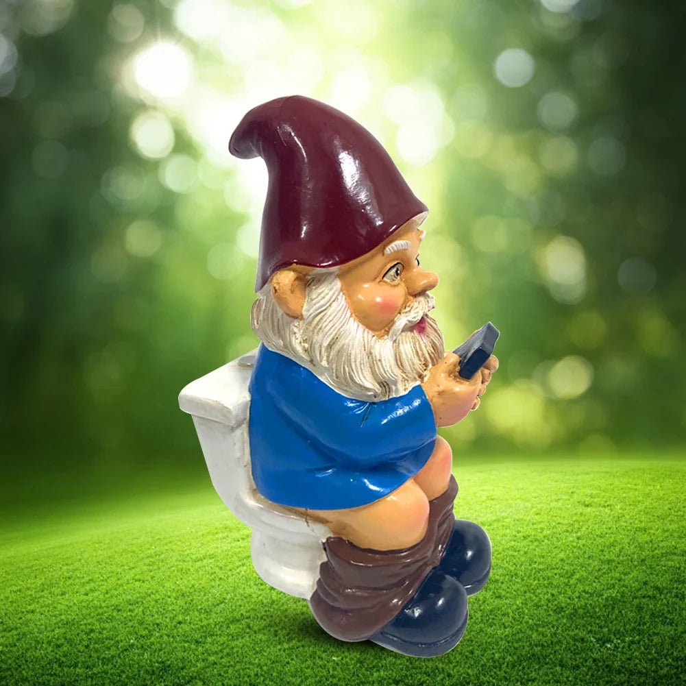 Funny Garden Gnome Statue - Naughty Miniature Gnome on Toilet Using Phone - Outdoor Garden Ornament