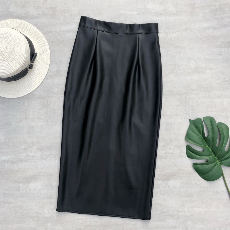 Vintage Zipper High Waist Latex Pencil Skirts Women Wrap Midi Split Skirt Bodycon