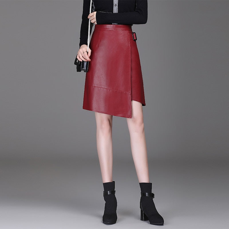 Women Asymmetrical Pu Leather Short Skirt Women Club Wear Knee Length