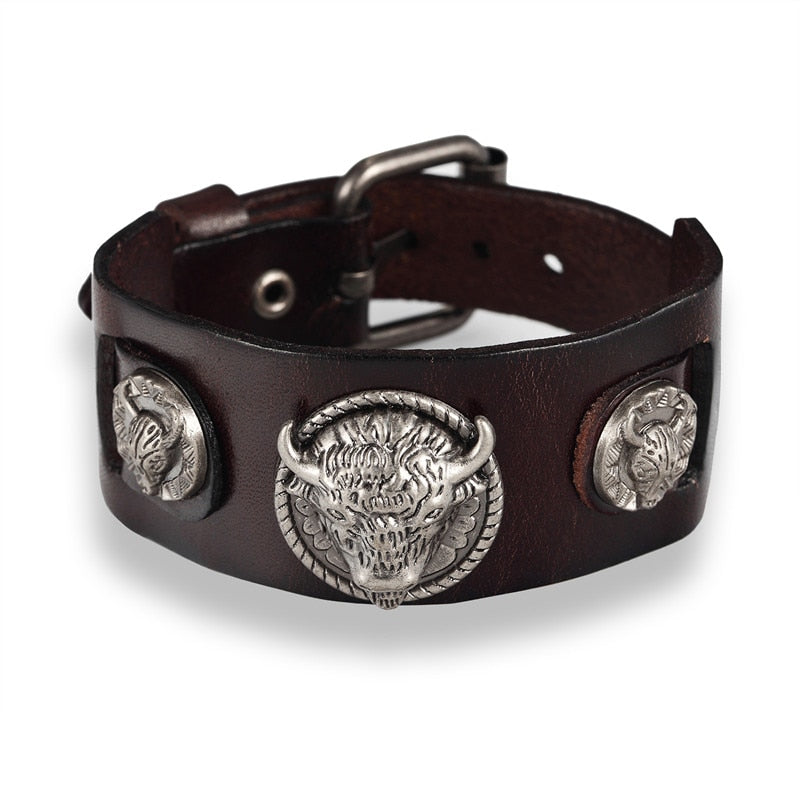 Bull Punk Style Genuine Leather Wrap For Men Wrist Friendship Big Wide Leather Bracelet