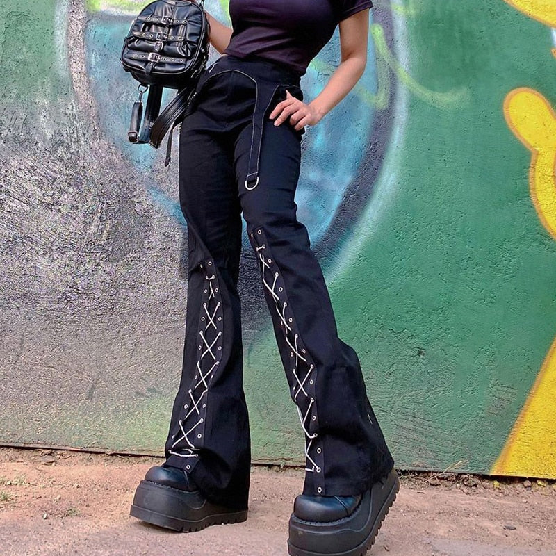 Cross Bandage Straight Pants Techwear Gothic Trousers E Girl Hip Hop Pants Dark