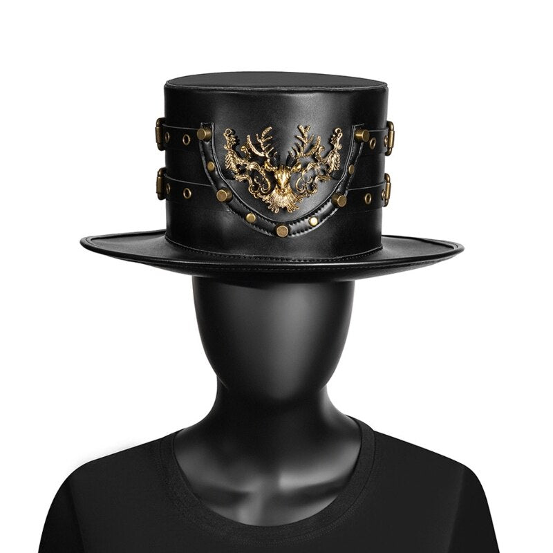 Black PU Leather Plague Doctor Hat | Flat Top Witch Hat