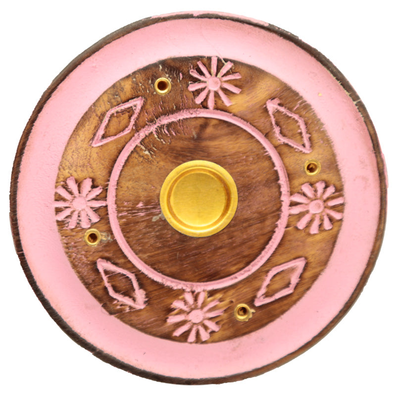 Mango Wood Round Painted Pink Flower Ashcatcher Incense Burner