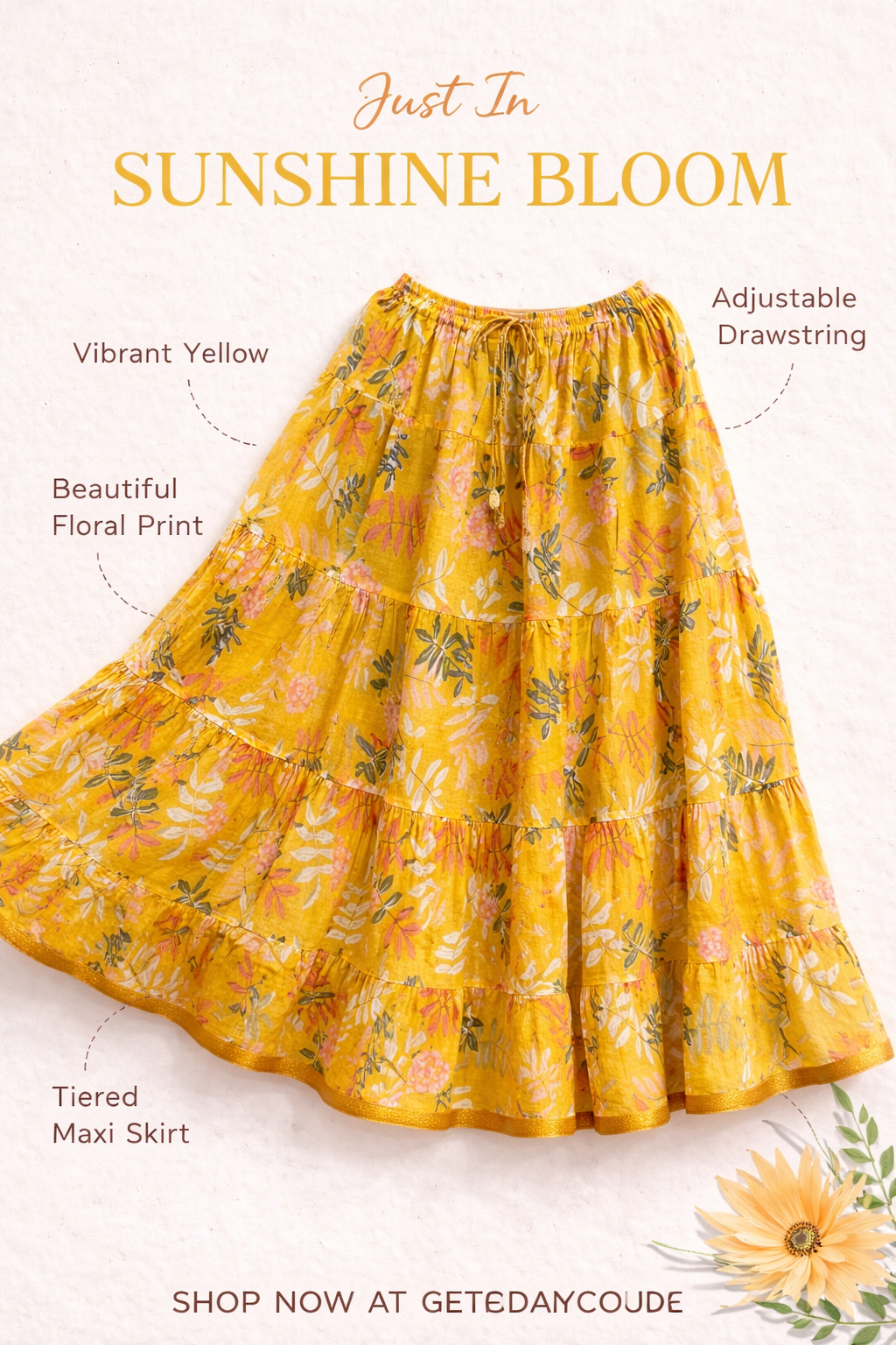 Blackfever Sunshine Yellow Floral Tiered Cotton Skirt – Free Size