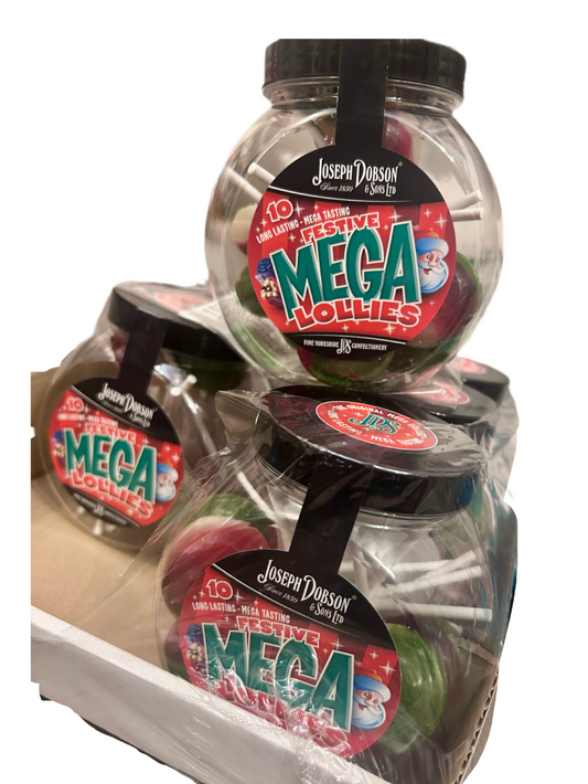 Festive Mega Lollies – Jar of 10 Assorted Fruit Flavour Hard Boiled Lollipops