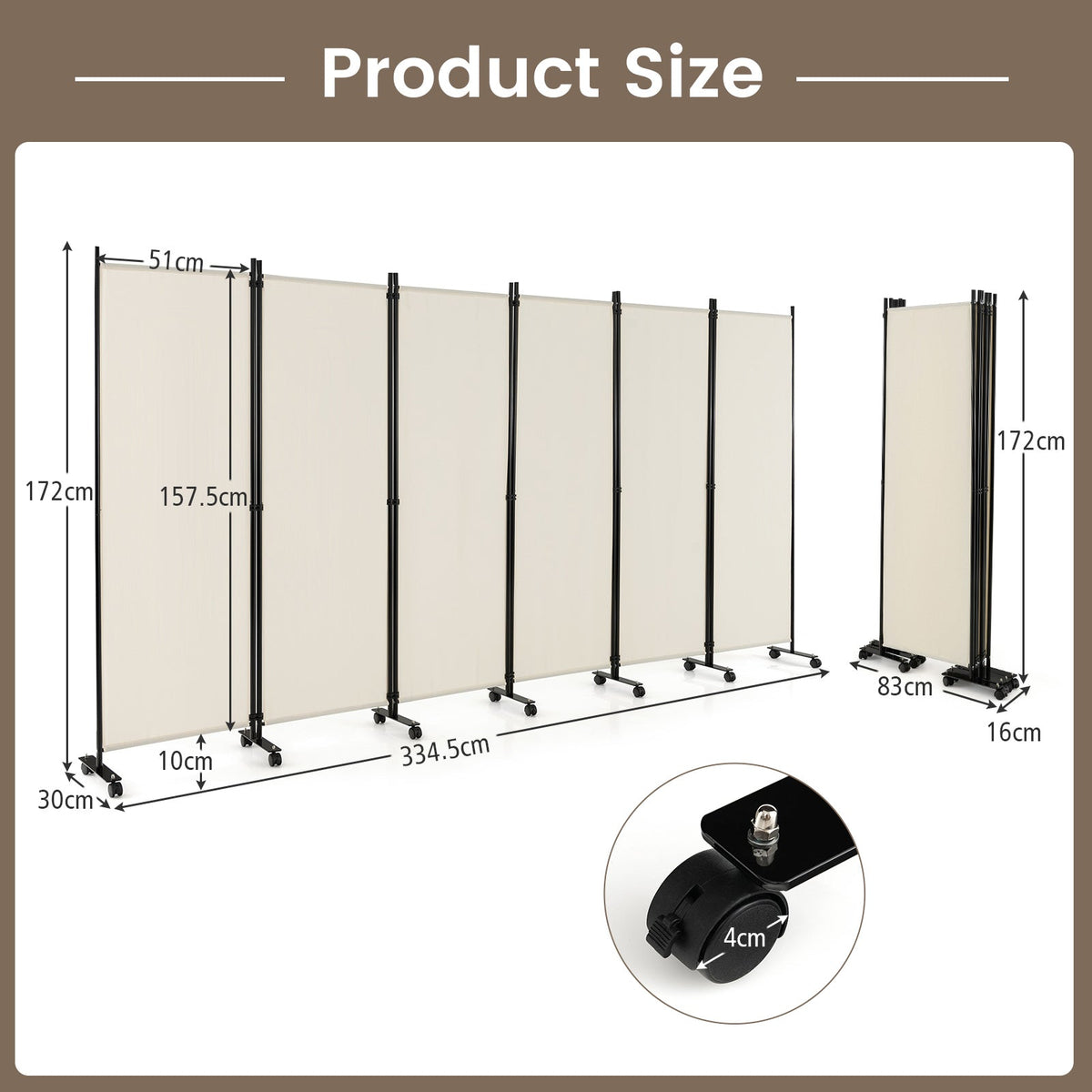 6 Panel Room Divider on Wheels-Black
