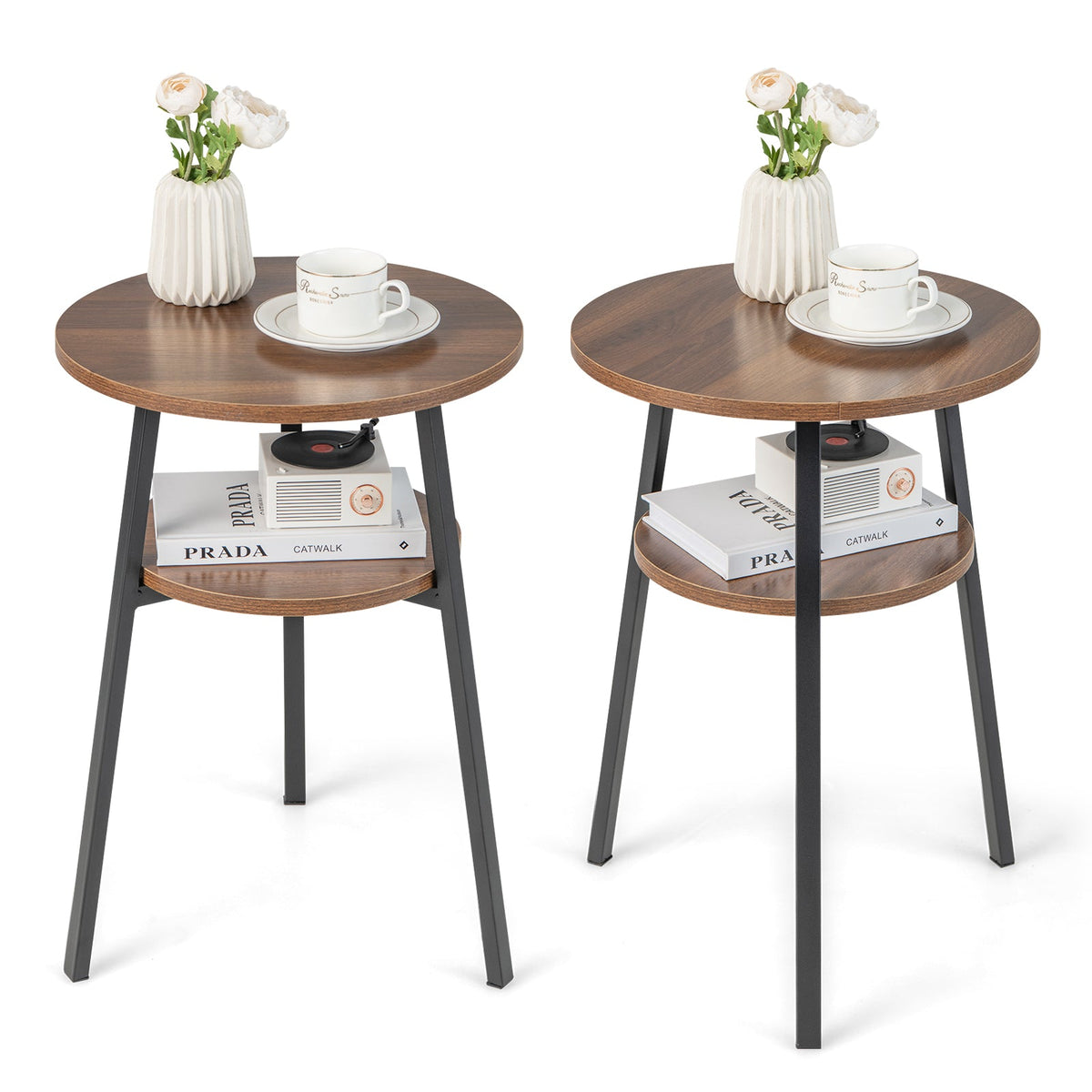 2-Tier Wooden Round Side Table with Storage Shelf-Brown