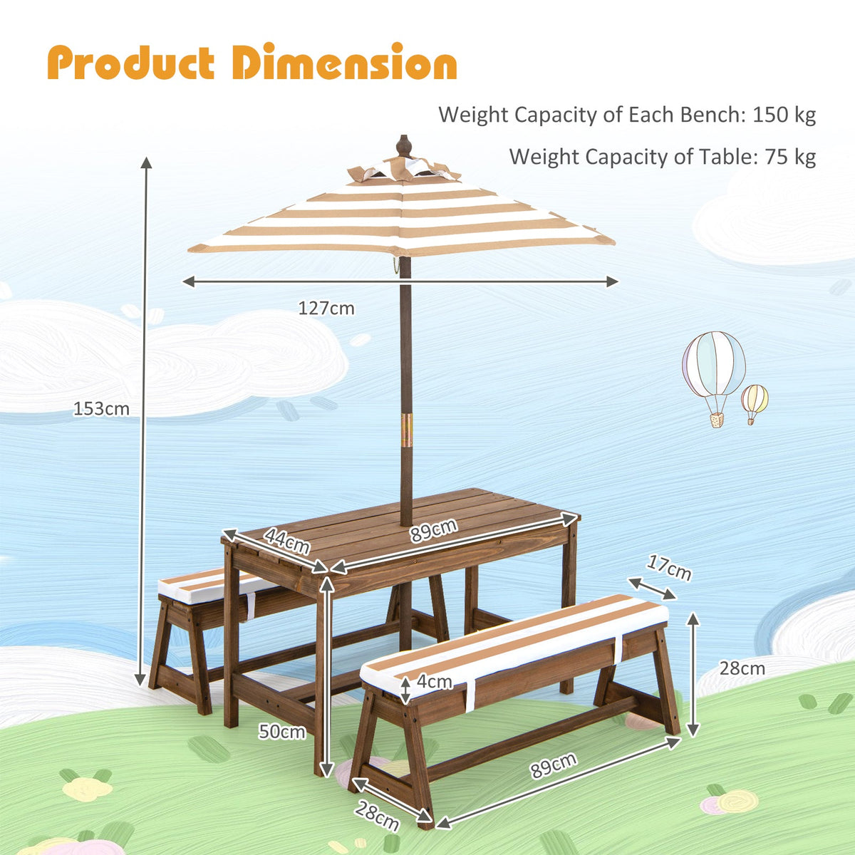 Kids Picnic Table with Cushions and Umbrella-Blue