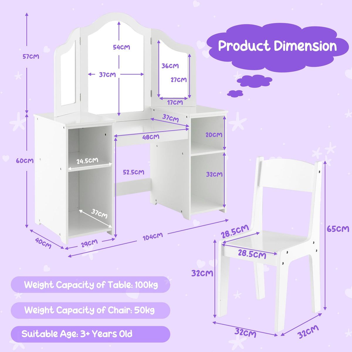 Kids Vanity Set with Tri-Folding Detachable Mirror-Pink