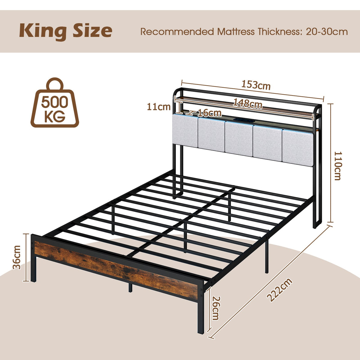 King Size Double Size Bed Frame with LED Light and Charging Station-Single Size