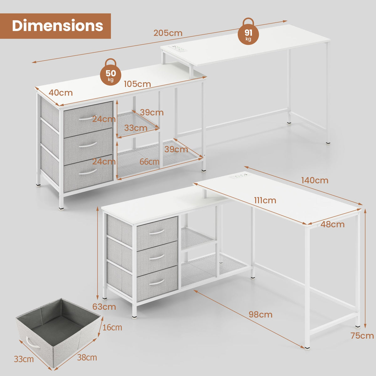 L-Shaped Computer Desk with Drawers Shelves and Charging Station-Black