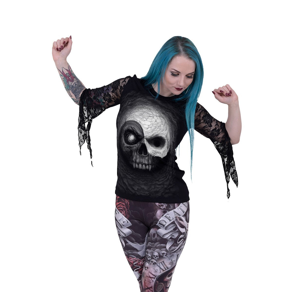 YIN YANG SKULLS - Rose Lace Sleeve Top