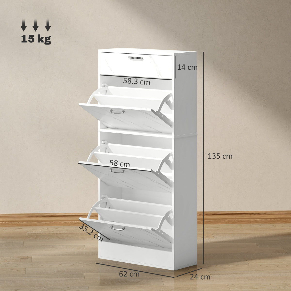 Marble Effect Shoe Cabinet White 3 Flip Drawers 18 Pair Shoes Storage Organiser