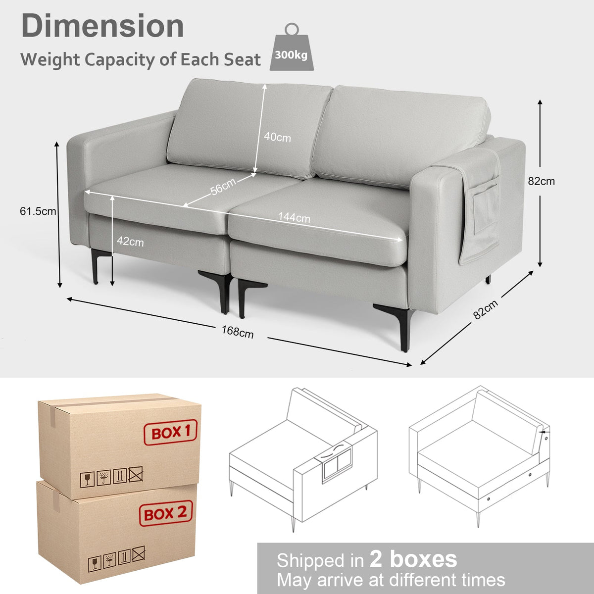 Modern 2-Seat Modern Sofa Couch with Detachable Remote Control Holder-Light Grey