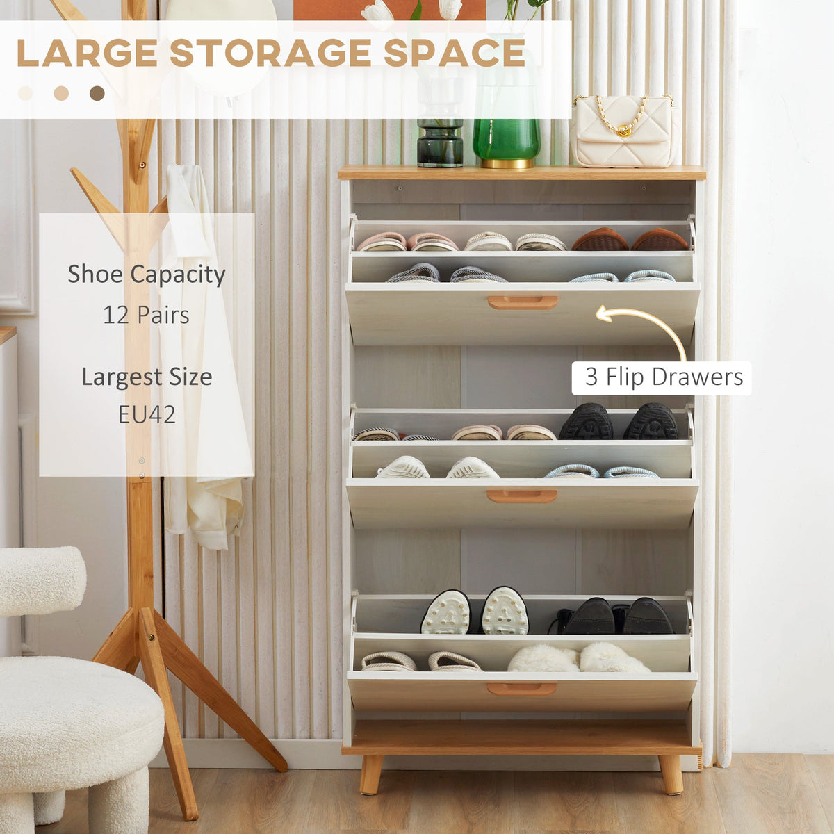 Narrow Shoe Cabinet Storage Rack - 3 Flip Drawers, 12 Pair Shoes Organiser White