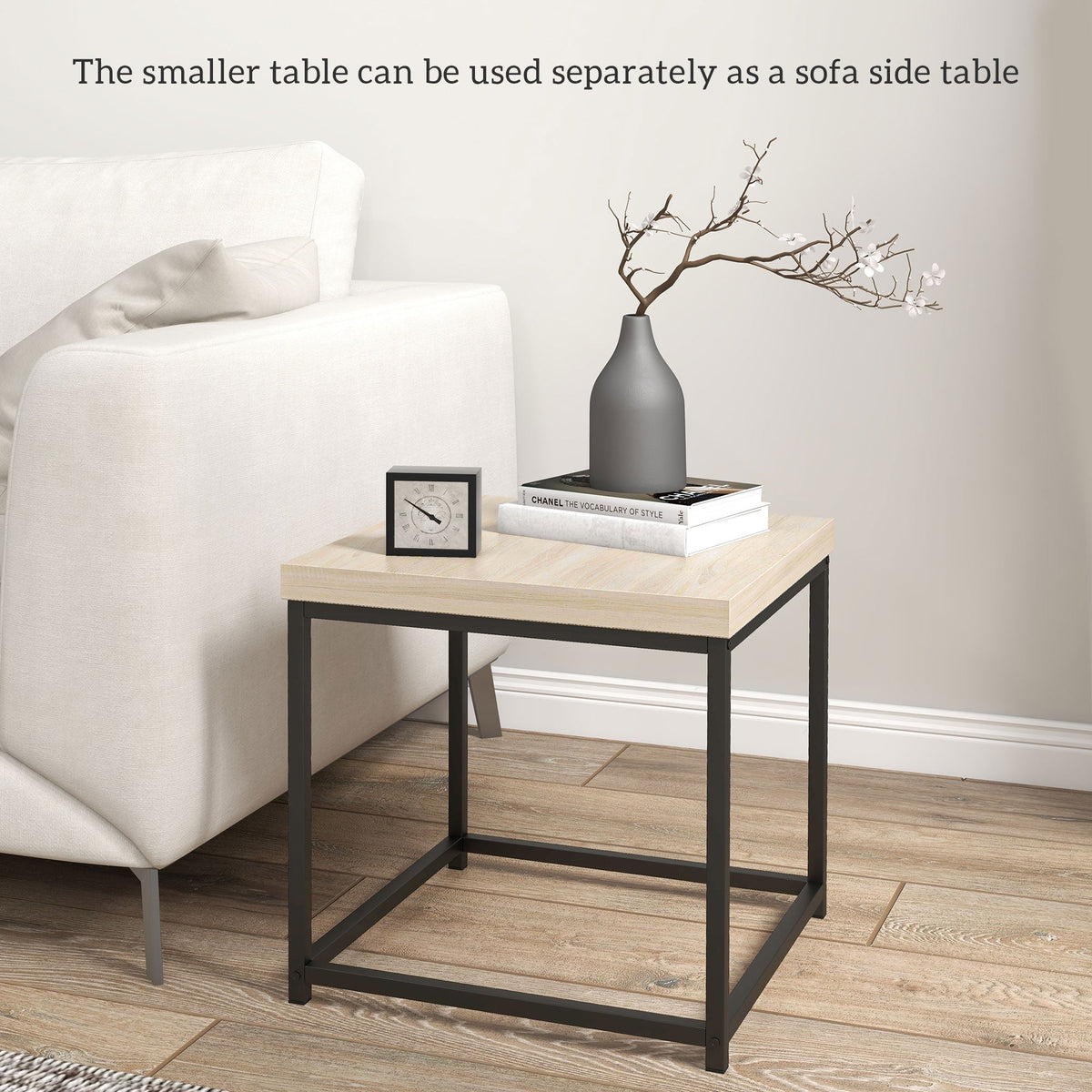 Nest of 2 Coffee Tables Thick Top Beige Black Steel Frame Side Table Set Nesting