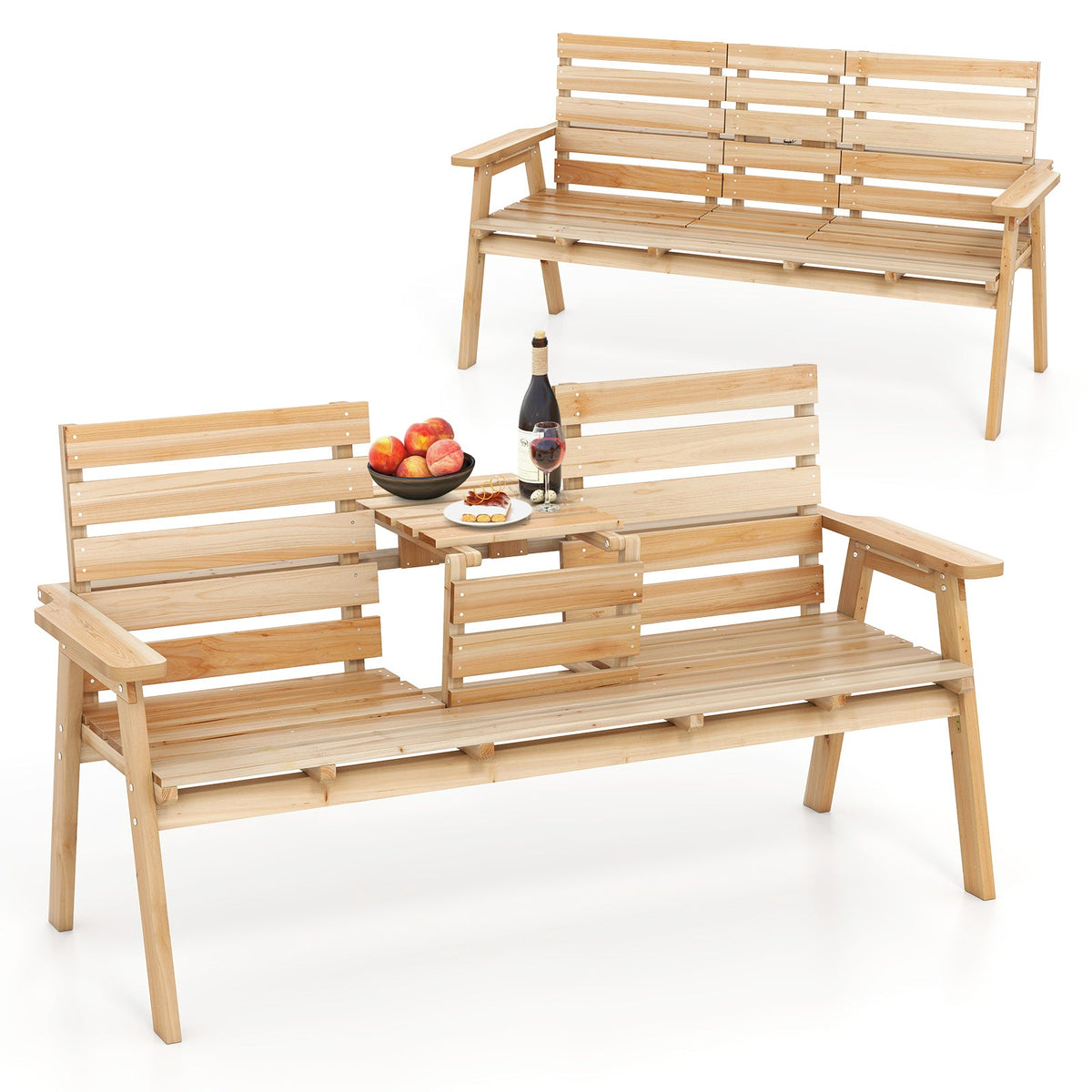 Outdoor Fir Wood Bench with Foldable Middle Table-Coffee