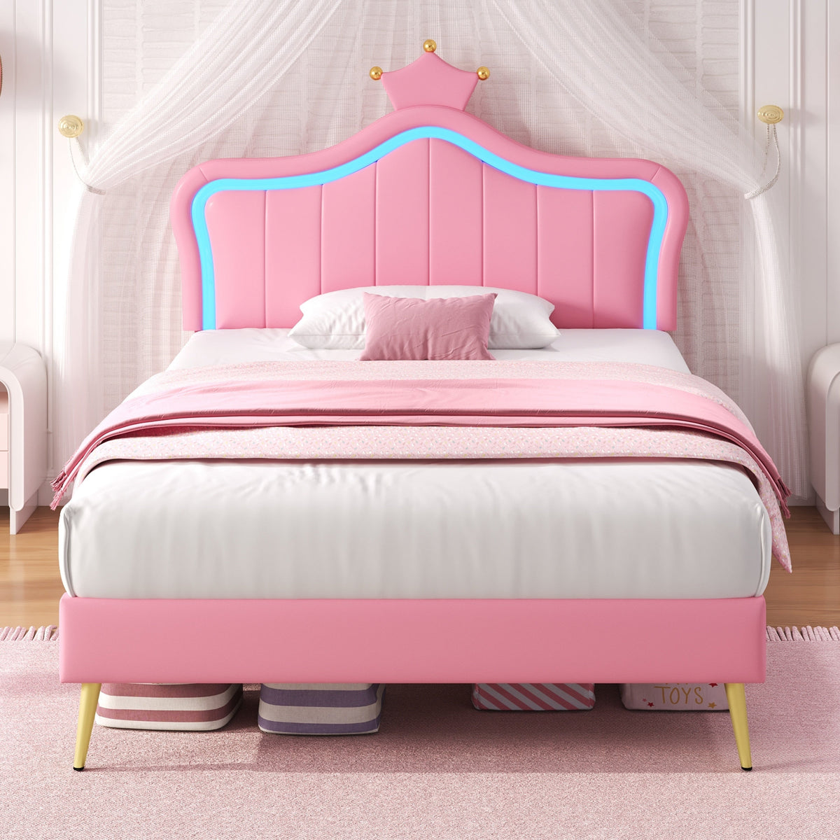 3ft Single Bed with LED Lights Princess Crown Headboard PU Leather Pink Girls