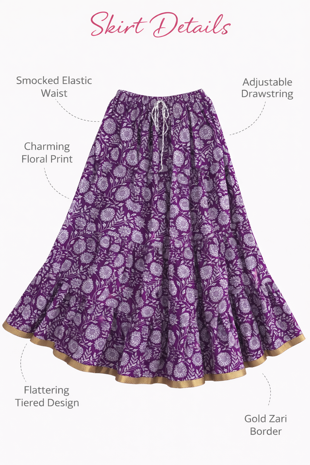 Blackfever Purple Floral Tiered Cotton Maxi Skirt with Gold Border- Free Size