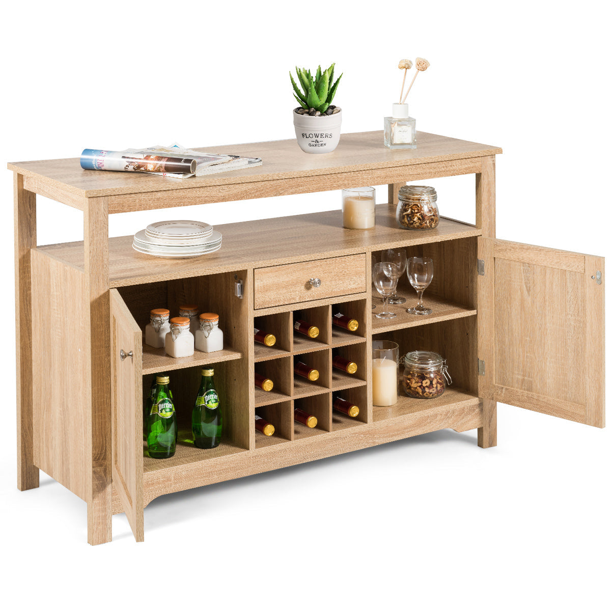 Rustic Cupboard Storage Organizer with 2 Cabinets and 1 Drawer & 9-Bottle Wine Rack-Grey