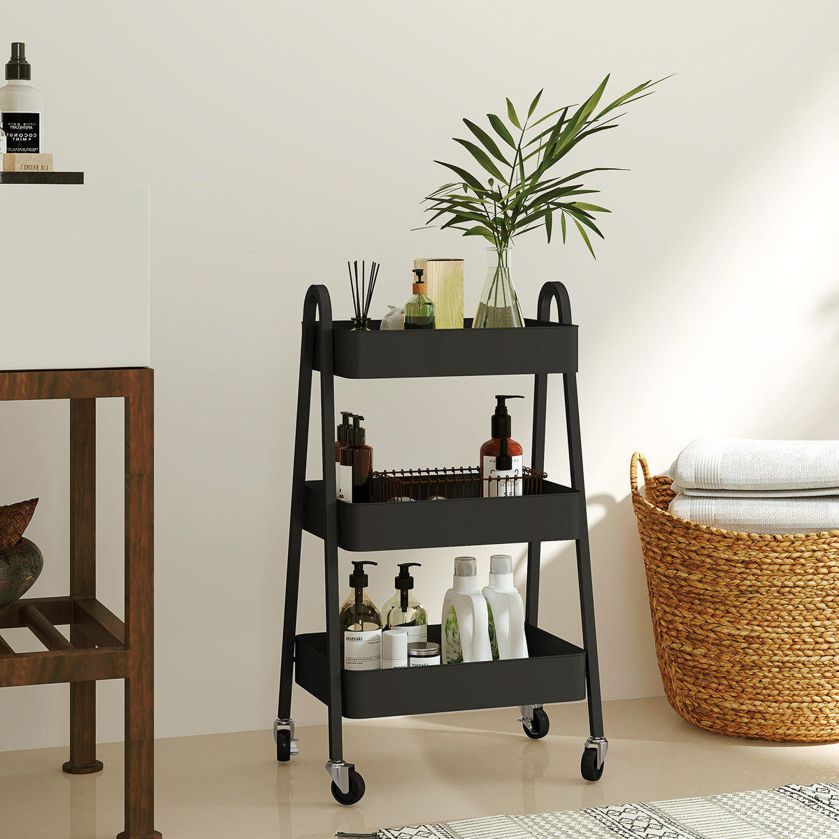 HOMCOM 3-Tier Rolling Utility Cart Kitchen Storage Trolley on Wheels Black