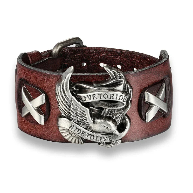 Genuine Leather Biker Eagle Wide Cuff Bracelet | Gothic Rock Wristband for Men