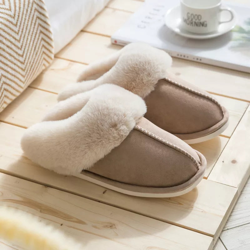 Winter Warm Home Fur Slippers Women Luxury Faux Suede Plush Couple Cotton Shoes Indoor Bedroom Flat Heels Fluffy Slippers