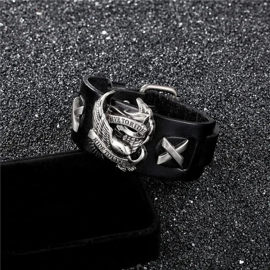 Genuine Leather Biker Eagle Wide Cuff Bracelet | Gothic Rock Wristband for Men