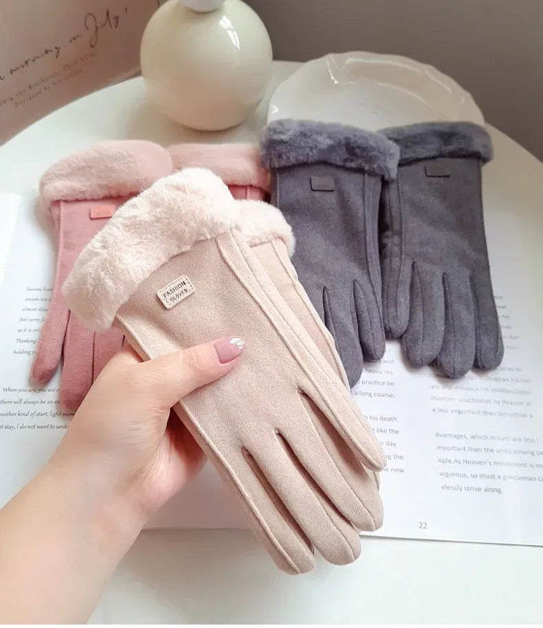 Women's Winter Thick Plush Touchscreen Gloves – Warm Suede Ladies Gloves