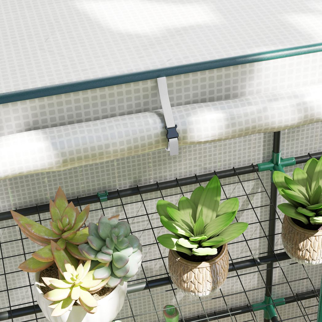 Outsunny 3-Tier Lean-To Mini Greenhouse – White Steel Frame with Green Hemmed Edging