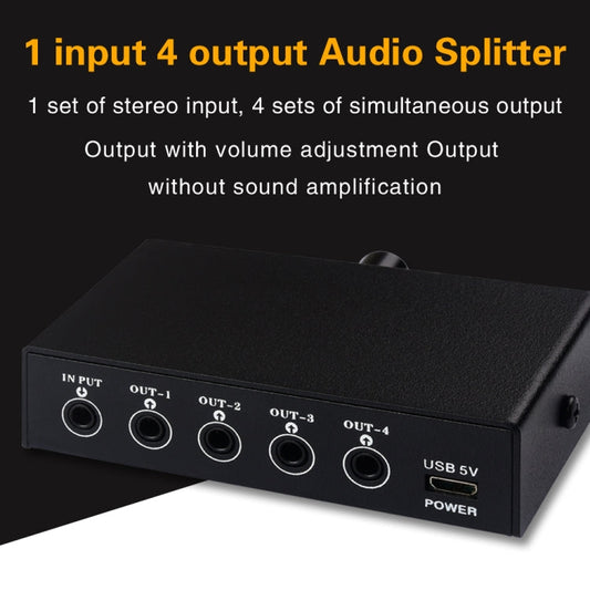 Divisor de señal de audio de 1 entrada y 4 salidas | Concentrador de distribución estéreo de 3,5 mm con control de volumen