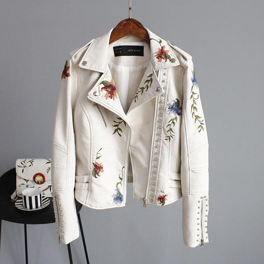Women's Floral Embroidery PU Leather Biker Jacket – Turn-Down Collar | Black