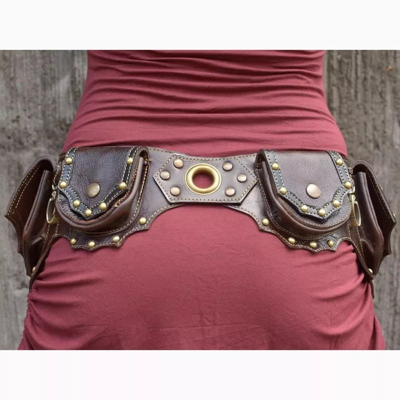 Medieval Steampunk PU Leather Utility Belt Vintage Hip Bag Pocket Women Fanny Pack Viking Knight Festival Waist Wallet
