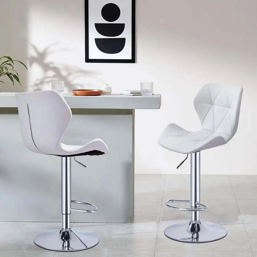 Set of 2 White Swivel Bar Stools Adjustable PU Leather Kitchen Bar Chairs Stool