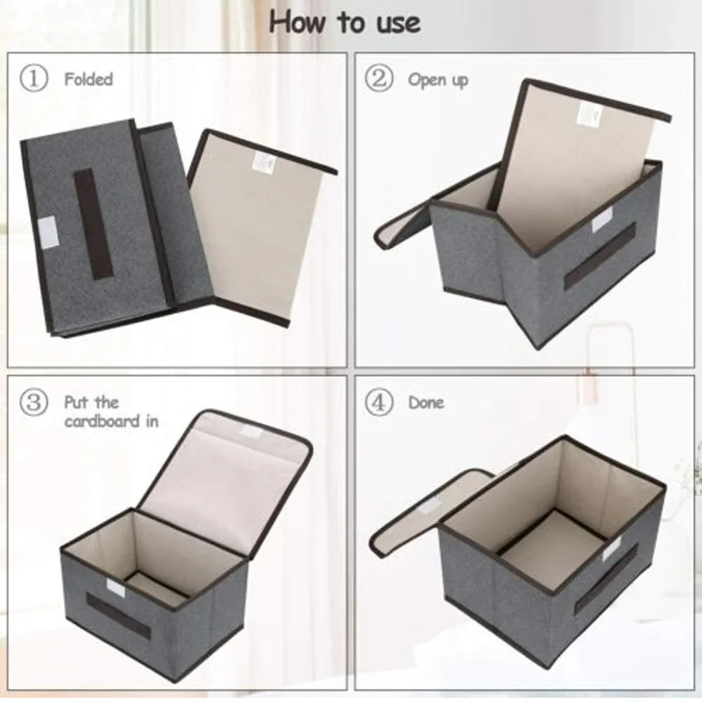 Set of 3 Large Foldable Canvas Storage Boxes - Fabric Clothes Baskets with Lid