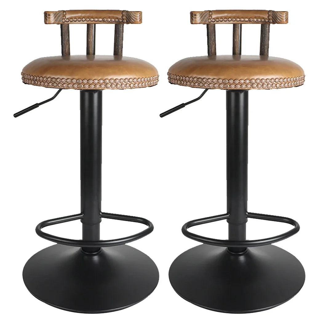 Set of 2 Retro Adjustable Round Leather Seat Bar Stools with Swivel & Footrest