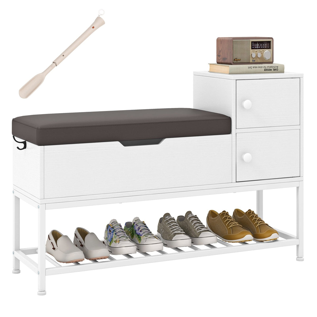 Shoe Entryway Bench with Flip Top Box and 2 Door Cabinets-Coffee