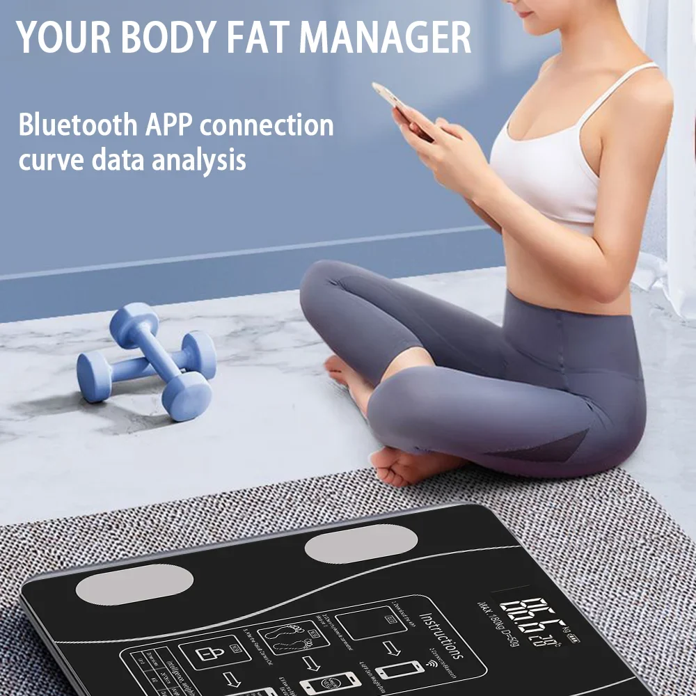 Smart Body Fat Scale - Black Glass Digital Bathroom Scales LED Display & App Tracking