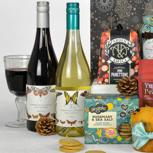 Cesta de Navidad de Lujo Sostenible | Vino Tinto y Blanco, Delicias Gourmet y Chocolate Ecológico