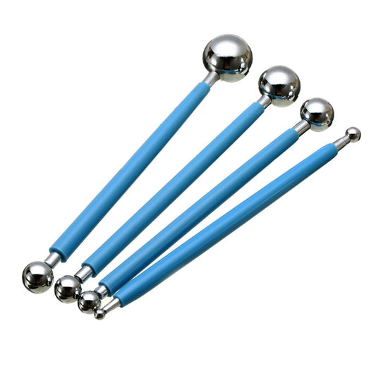 4 in 1 Edelstahl kugelförmige Schnitzgruppe Pillenstab Fondant Ton Farbiger Ton Schnitzwerkzeug-Set, Blau, Grün, Lila