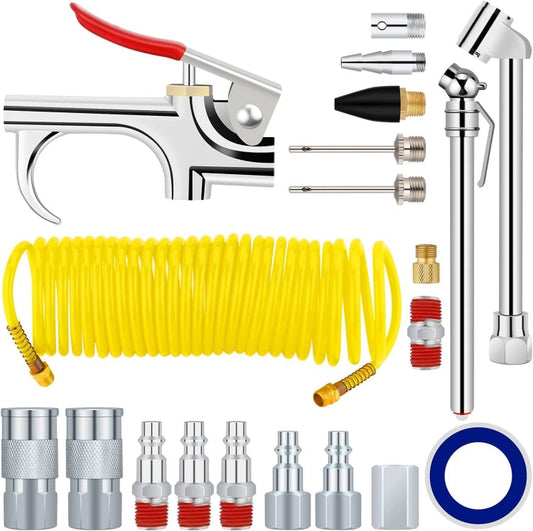 Kit de compresor de aire 20 en 1, kit de herramientas neumáticas NPT de 1/4 de pulgada con manguera de nailon en espiral de 7,5 m
