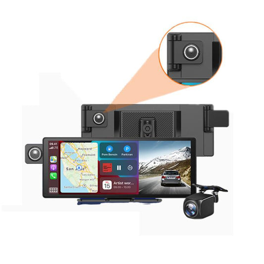 Wireless Apple CarPlay & Android Auto Display with Triple Dash Cam – Front, Interior & Rear Camera