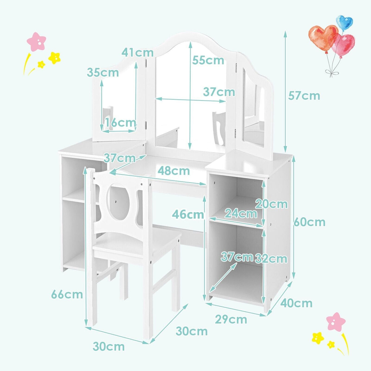 Kids Makeup Desk and Chair Set with Tri-Folding Detachable Mirror-Pink